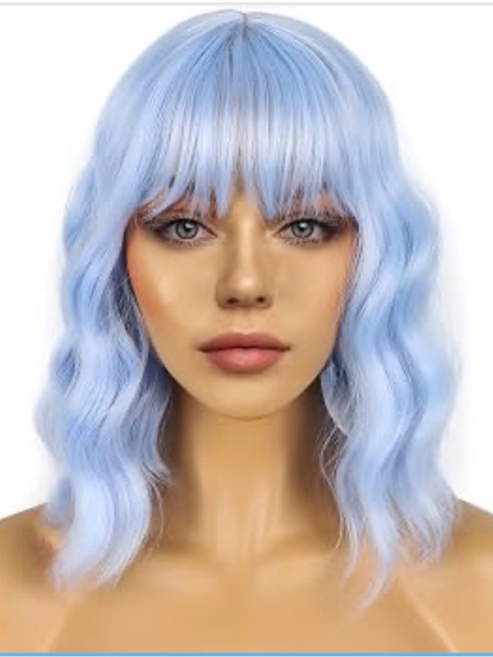 Wavy Wig Short Bob Hair Light Blue with Bangs Adjustable